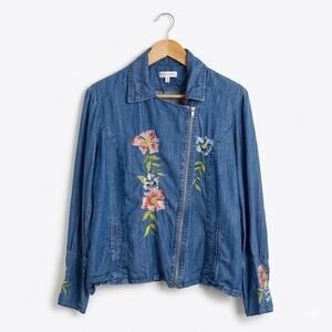 Neiman Marcus Embroidered Floral Tencel Denim Moto Jacket Blue Plus Size 1X